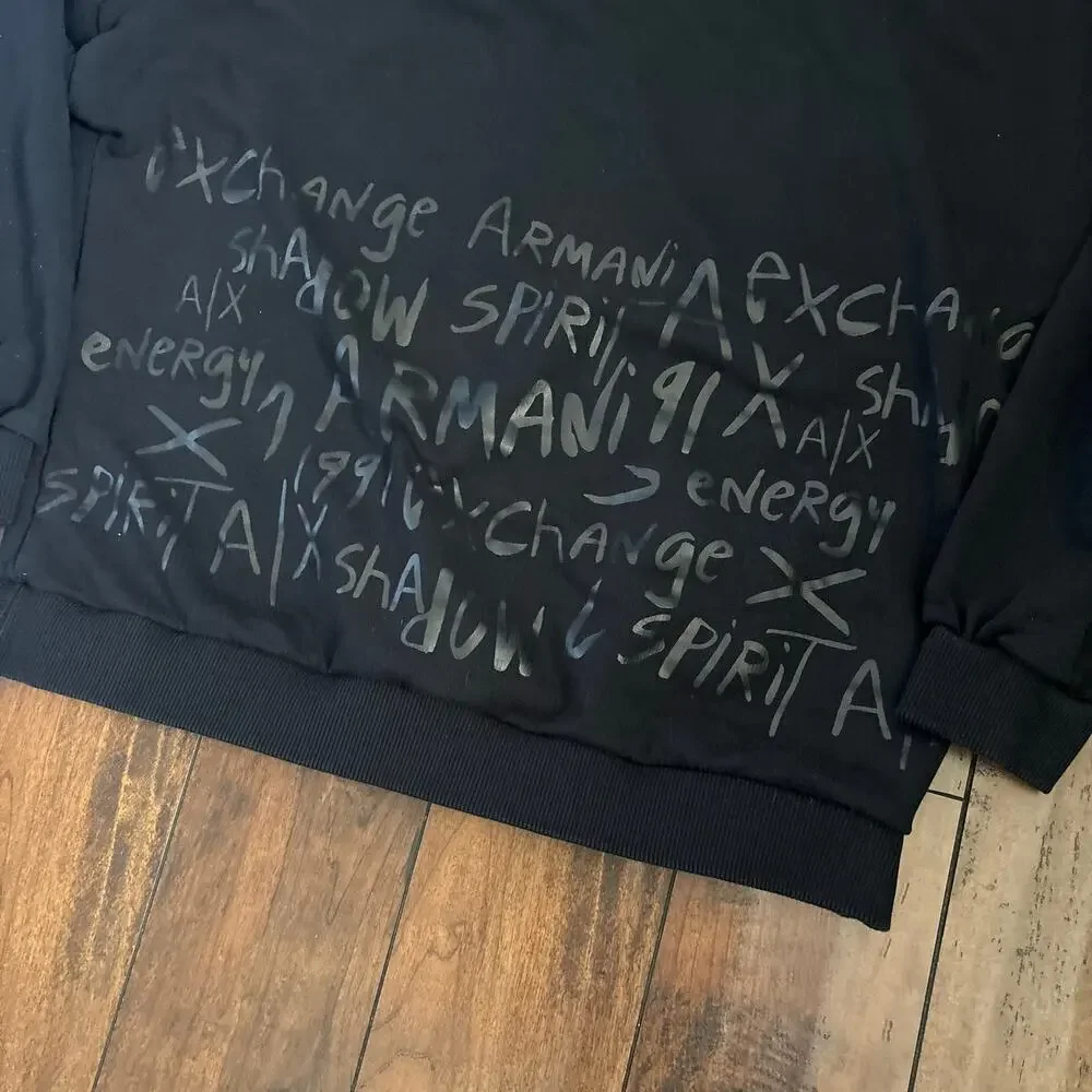 Armani Exchange Sweater Womens L Black Open Shoulder Streetwear Graffiti - Picture 3 of 10